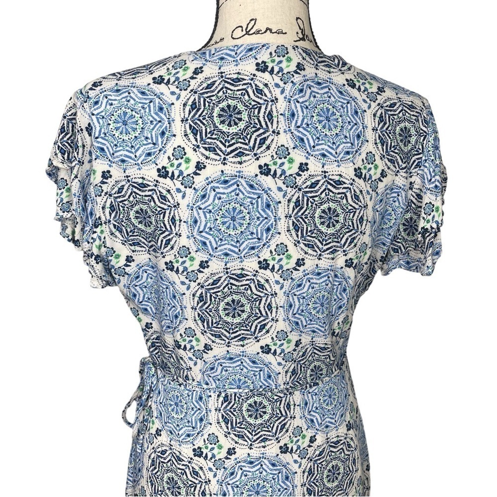 Harper Heritage Floral Design Ruffle Cap Sleeve Wrap Dress Blue - Picture 11 of 14